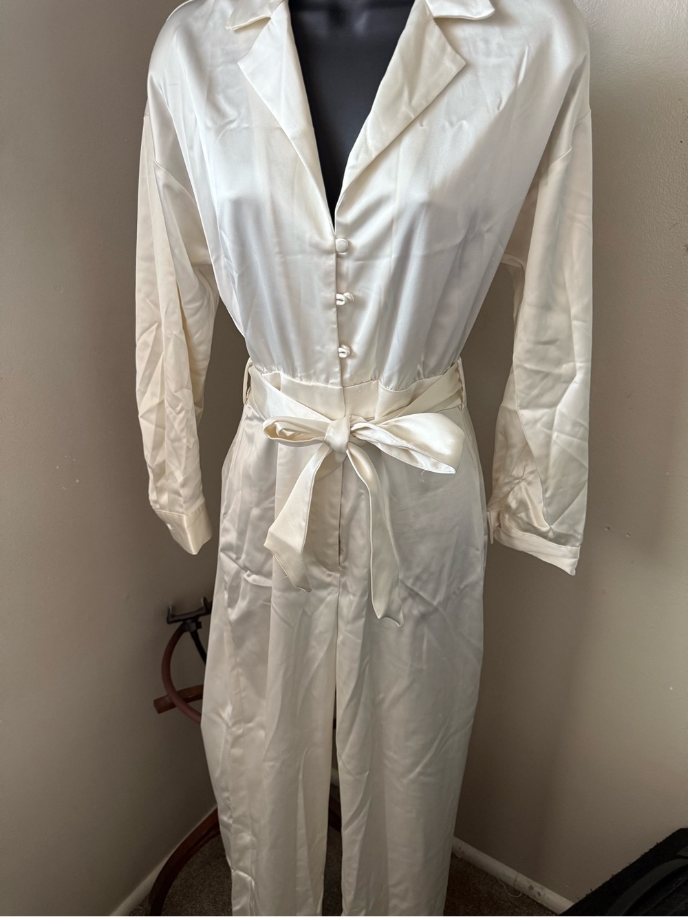 Zara Satin Cream Button-Front Jumpsuit with Tie Waist